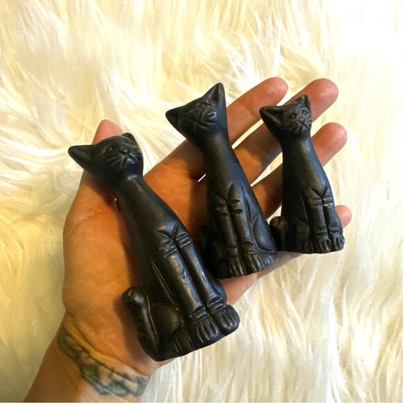 Vintage Black Clay Set of 3 Ceramic Cats Sitting Art Pottery Cat Lady Decor - Picture 1 of 8
